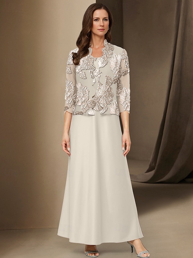  A-Linie 3-teiliges Mutter der Braut Kleid Elegant Einfach Leger Boot-Ausschnitt Knöchellang Chiffon Langarm mit Spitze