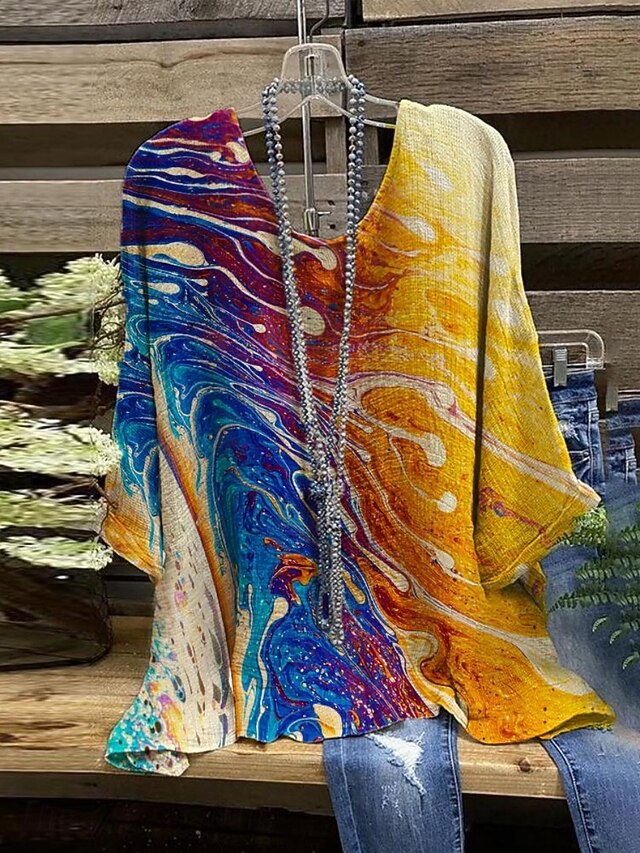 Women's Shirt Plaid Stylish 3/4 Length Sleeve Crew Neck Regular Tops Daily Holiday Print Blue Purple Green Summer4