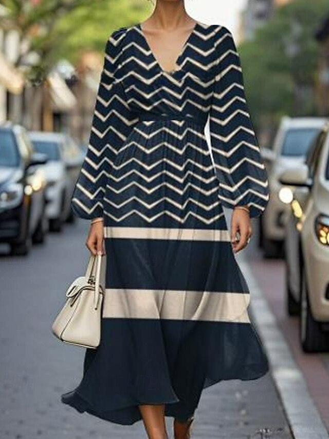  Femmes Robe Midi Robe Décontractée Robe Imprimée Élégant Mode Extérieur Soirée Fête Coupe régulière Géométrique Rayé manche longue Col en V Noir Vert Kaki Été Printemps