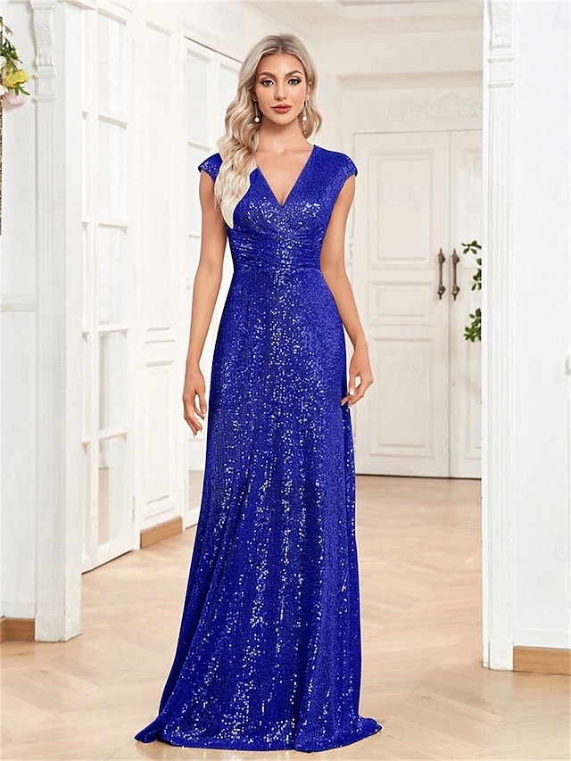  A-Linien Quinceanera Kleider Elegantes Kleid Formelle Hochzeit Bodenlang Ärmellos V-Ausschnitt Polyester mit Pailletten