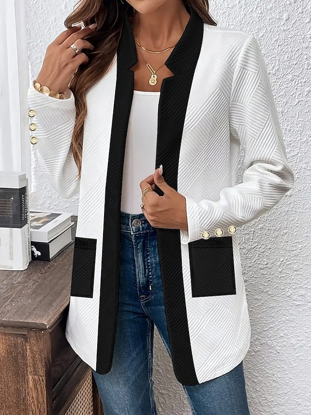 Mulheres Jaqueta casual Confortável Respirável Bolsos Botões Casual Tecido Férias Rua Casual Roupa Diária Não Trespassado Padrão Colarinho Chinês Normal Manga Longa agasalhos Preto Branco Primavera
