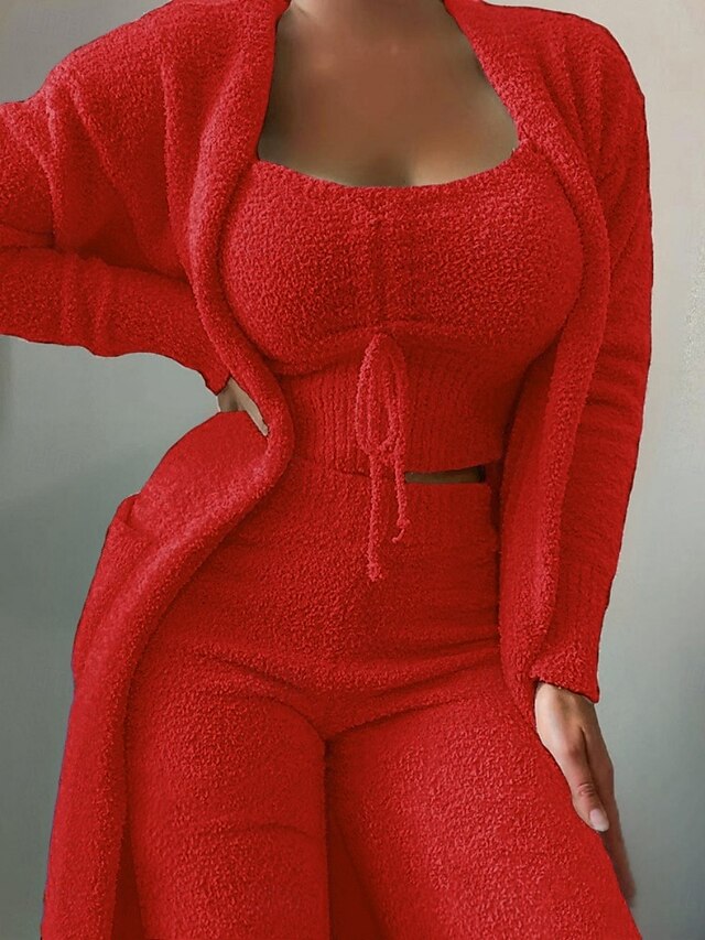  Damen Schlafanzug Set 3-teilig Lässig Komfort Einfarbig Elastischer Bund Fuzzy Strickjacke Hose Heim Täglich Langarm Rundhalsausschnitt Schwarz Weiß Rosa Rote Grün Herbst Winter Normale Passform