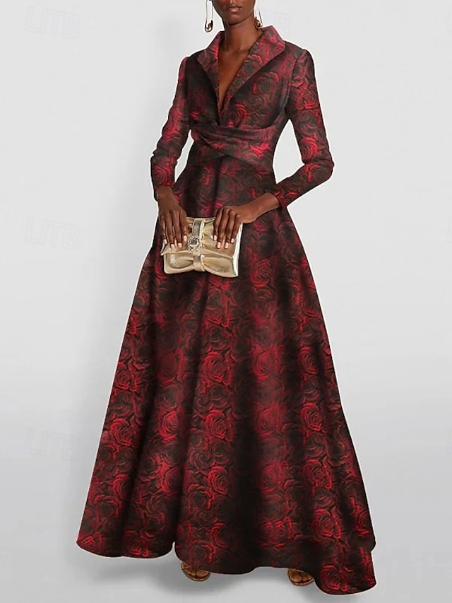  Red Jacquard Gown A-Line Evening Elegant Dress Formal Wedding Floor Length Long Sleeve Shirt Collar Pocket Nylon with Bow(s) Slit Pocket