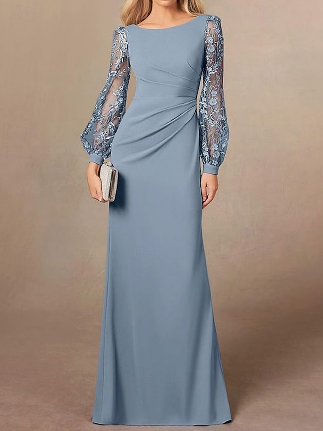  Abito da madre della sposa a tubino/colonna blu polvere, elegante, semplice e minimalista, con scollo a barca, lunghezza al pavimento, in crêpe elasticizzata, maniche lunghe con ricami in pizzo 2025