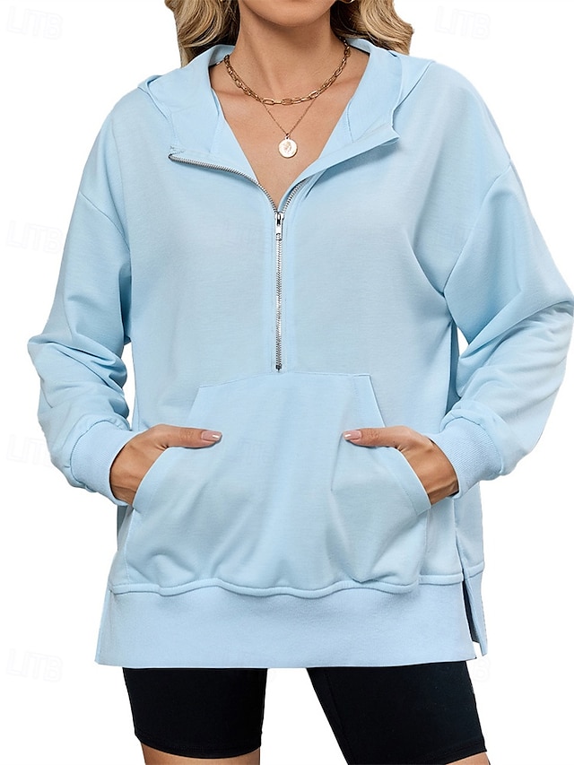  Femmes Sweat à capuche Uni Streetwear Occasionnel Confortable manche longue À capuche Hauts Réguliers Rue Fête Sortir Poche Avant Quart de zip Noir Rose Claire Bleu Kaki Gris Automne