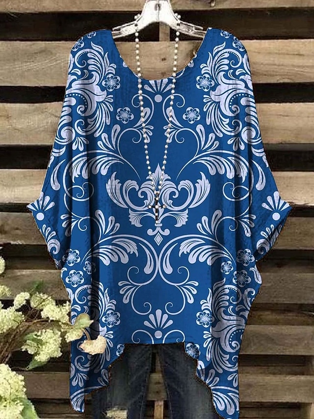  Dame Bluse Blomstret Grafisk Elegant Årgang Daglig Kortermet Flaggermusermer Crew-hals Vanlige topper Daglig Ferie Strand Klær Gul Rød Blå Lilla Grønn Sommer Vår