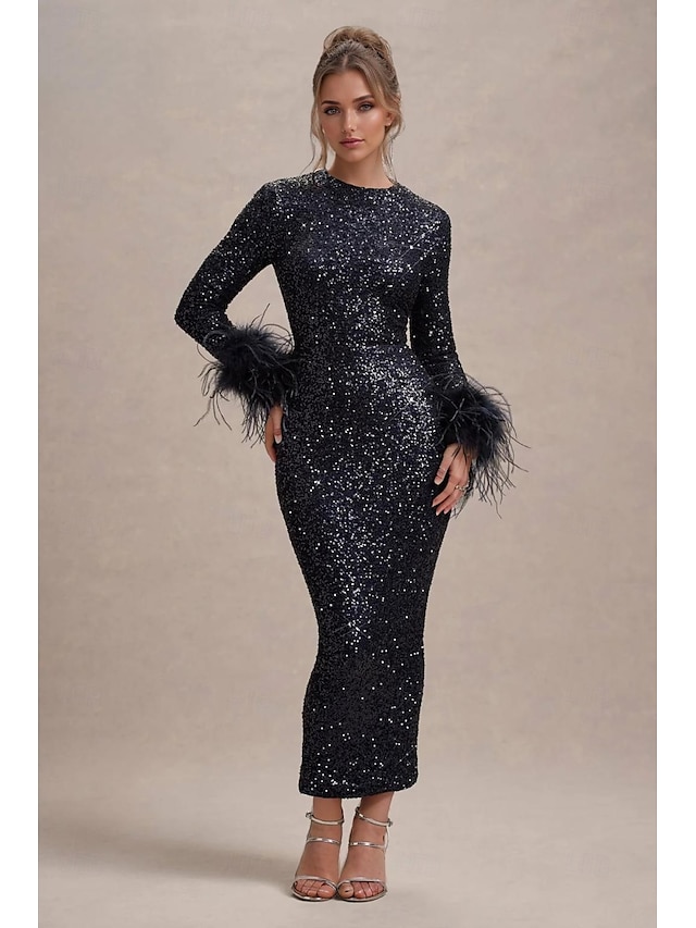  Abito da Sera Sirena  Tromba Elegante Abito Formal Semi Formale Gala Dress Matrimonio Lunghezza Piena Manica Lunga Collo Giro Stretch Paillettato con Maniche in Piuma