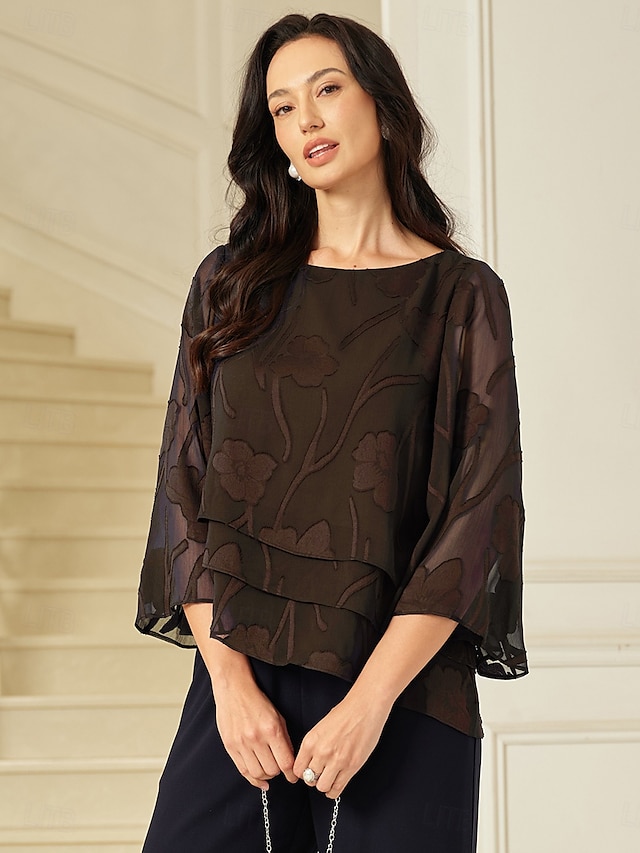  Dame Blondeskjorte Bluse Dressy topper Chiffongoverdeler Helfarge Blomstret Elegant Årgang Stilfull Halvlange ermer Sommerfuglermer Båthals Vanlige topper Bryllupsgjest Arbeid Daglig Asymetrisk kant