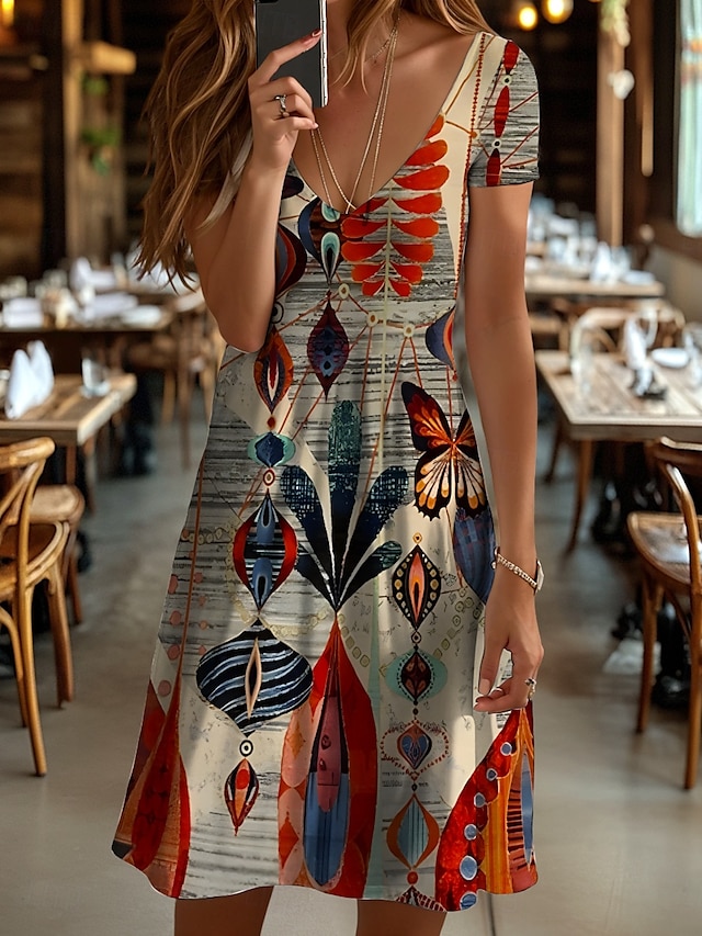  Pentru femei Rochie Mini Rochii Tricou Rochie de Vară Rochie de vară Vacanță Casual Boho Zilnic Concediu Ieșire Fit regulat Grafic Geometric Fluture Manșon scurt În V Galben Roșu-aprins Albastru