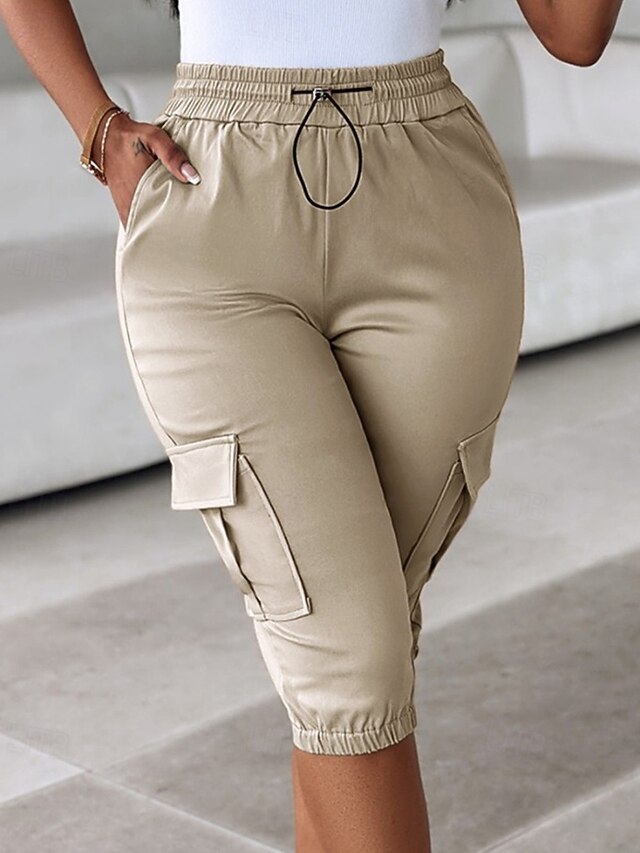 Dam Cargo-shorts Capribyxor Mode Streetwear Vadlängd Naturlig Solid färg Ficka Elastisk midja Bekväm Microelastisk Sport & Utomhus Dagliga kläder Vin Svart Rodnande Rosa Armégrön Sommar Vår Normal