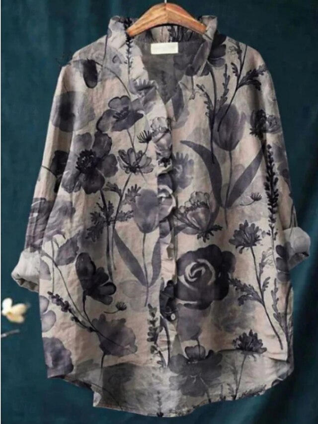 Blue Floral Print Casual Buttoned Top