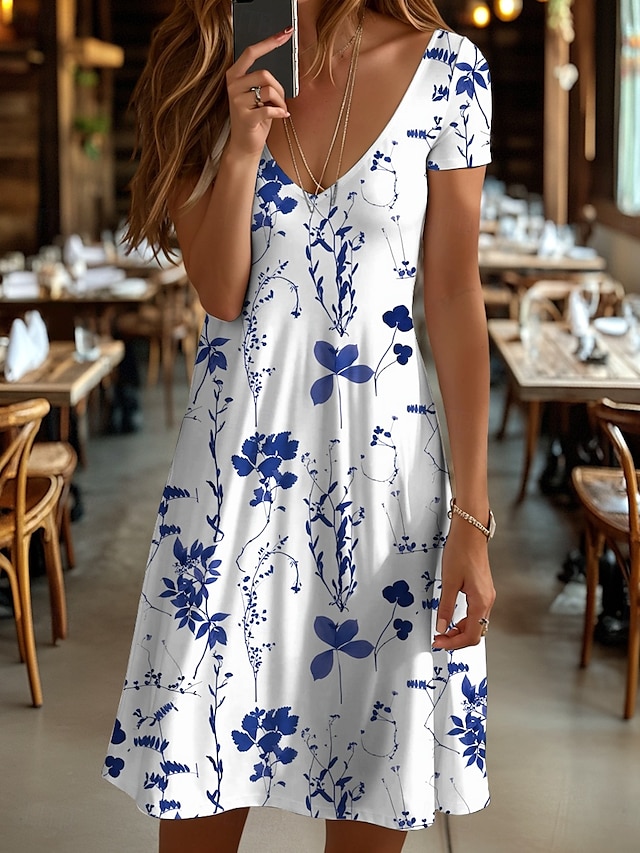  Pentru femei Rochii Midi Rochii Tricou Rochie de Vară Rochie A line Vacanță Casual Stiluri de Plajă Plajă Fit regulat Floral Grafic Manșon scurt În V Negru și Alb Galben Roșu-aprins Albastru piscină