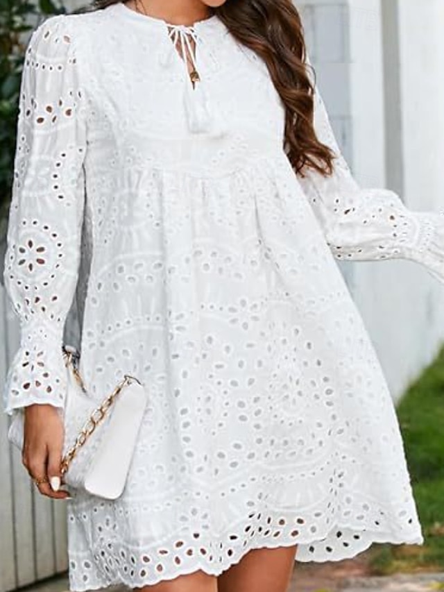  Femmes Mini Robe Robe Décontractée robe ajourée Classique Moderne Quotidien Fête Sortir Coupe régulière Uni manche longue Col en V Noir Blanche Rose Claire Été