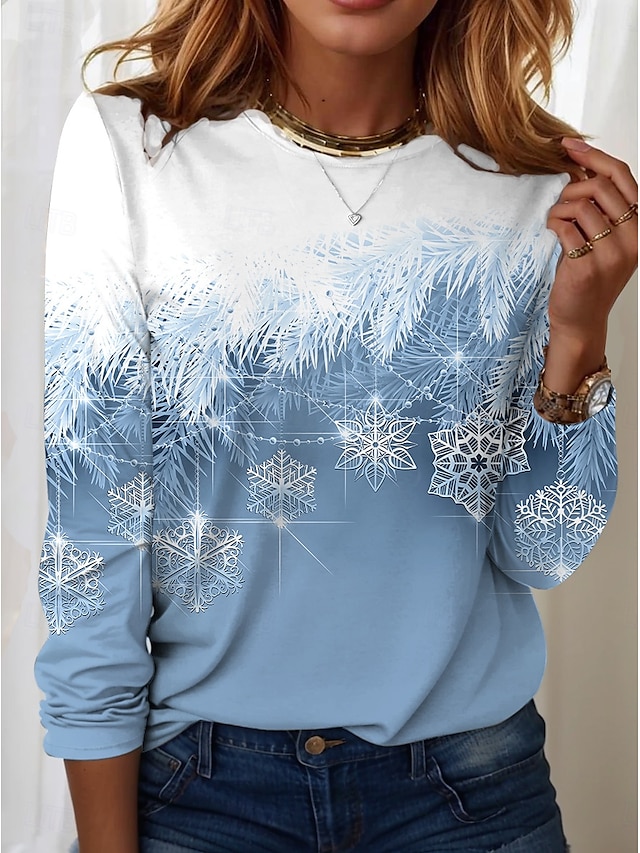  Sudadera de mujer con estampado de copos de nieve de invierno, manga larga, cuello redondo, azul degradado, informal, cómoda, ajuste regular, temporada festiva, top acogedor