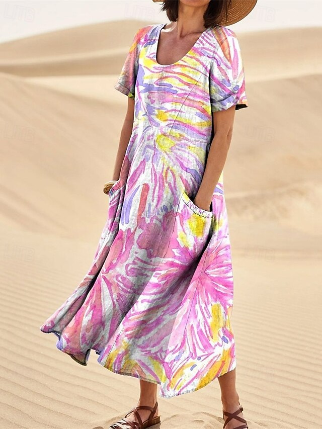 Women's Long Dress Maxi Dress Casual Dress Swing Dress Summer Dress Elegant Fashion Romantic Outdoor Party Holiday Regular Fit Flower Short Sleeve Crew Neck Pink Blue Light Purple Summer4