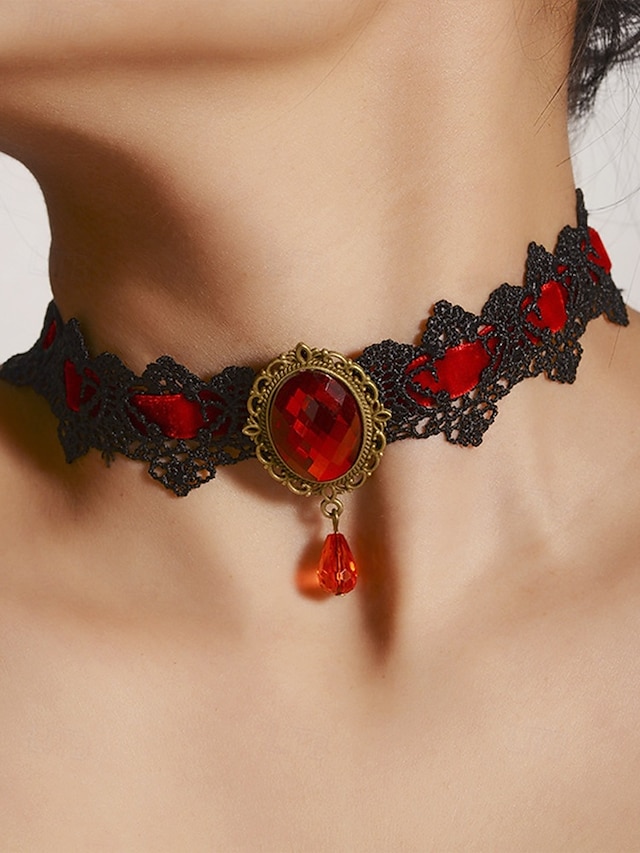  Collier ras du cou gothique en dentelle pour femme avec pendentif en pierre rouge, bijou vintage en velours noir pour fête d'Halloween et cosplay costumé
