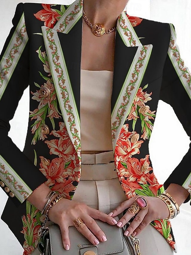 Femmes Blazer Respirant Confortable Imprimé Mode Occasionnel Fleuri Formel Travail Bureau / Carrière Double Boutonnage Régulier Col Rabattu Coupe régulière manche longue Vêtements d'extérieur Noir
