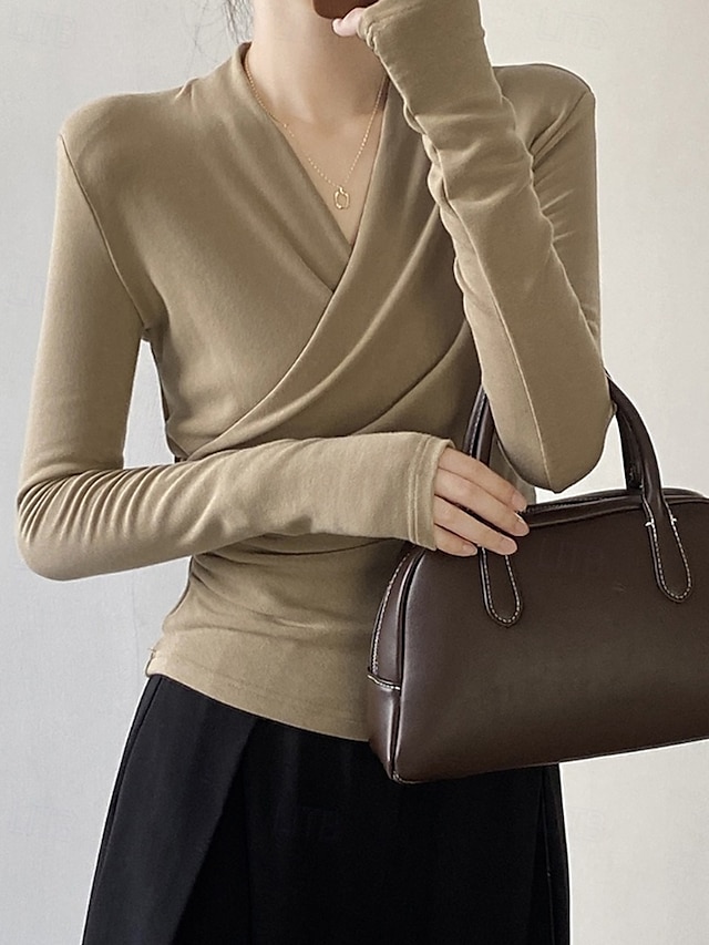  Femmes Chemisier Uni Moderne Occasionnel manche longue Col en V Hauts Réguliers Quotidien Fête Froncé Noir Blanche Marron clair Automne