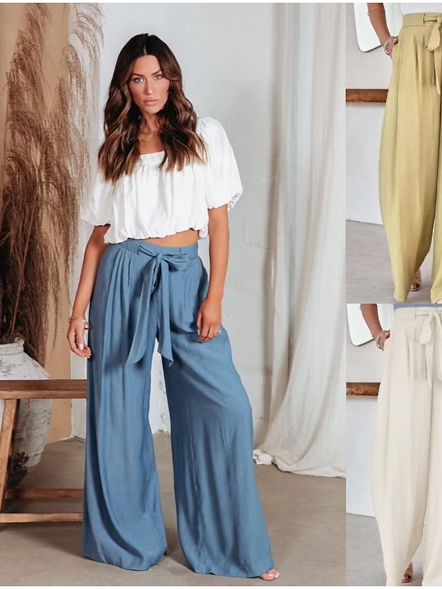  Femmes Culottes Jambe Large Évasé Élégant Vacances ancien Long Taille Moyenne Cordon de serrage Classique Stylé Micro-Élastique Ivoire Bleu Kaki Été Printemps Automne Coupe Ample