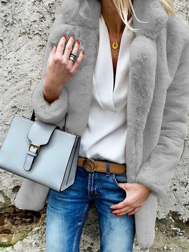  Per donna Cappotto Caldo Confortevole Collo in Pelliccia Casual Semplice Uscire Casual Quotidiano Aperto davanti Regolare Collo ripiegato Vestibilità regolare Manica Lunga Capispalla Bianco Rosa Rosso
