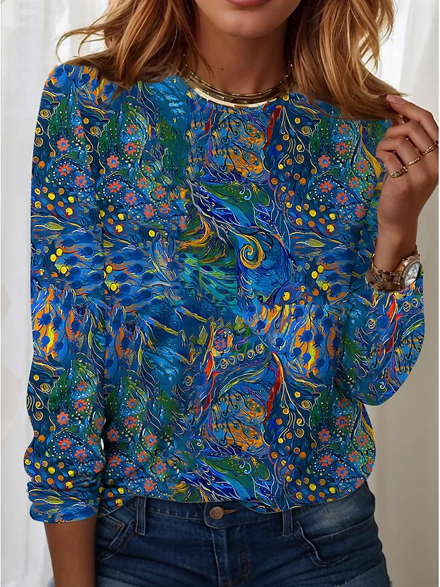 Women's T Shirt Casual Print Regular Tops Daily Blue Sky Blue Spring Fall 6