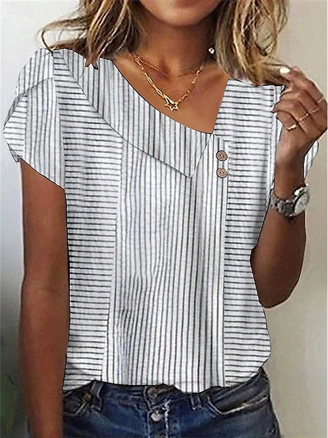  Dames Blouse Grafisch Gestreept Elegant Stijlvol Casual Korte mouw Assymmetrisch Normale tops Dagelijks Feestdagen Knop Wit Rood blauw Zomer Lente