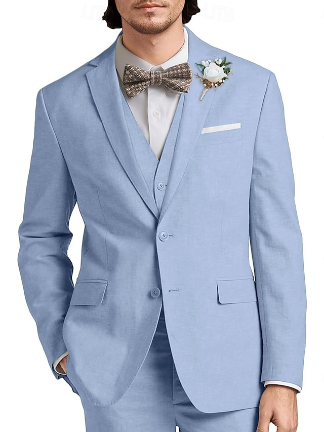  De los hombres Boda Casual Trajes de Lino Rosa Azul cielo Moda Formal Color sólido Estándar Juego de 3 piezas Recto 2 botones