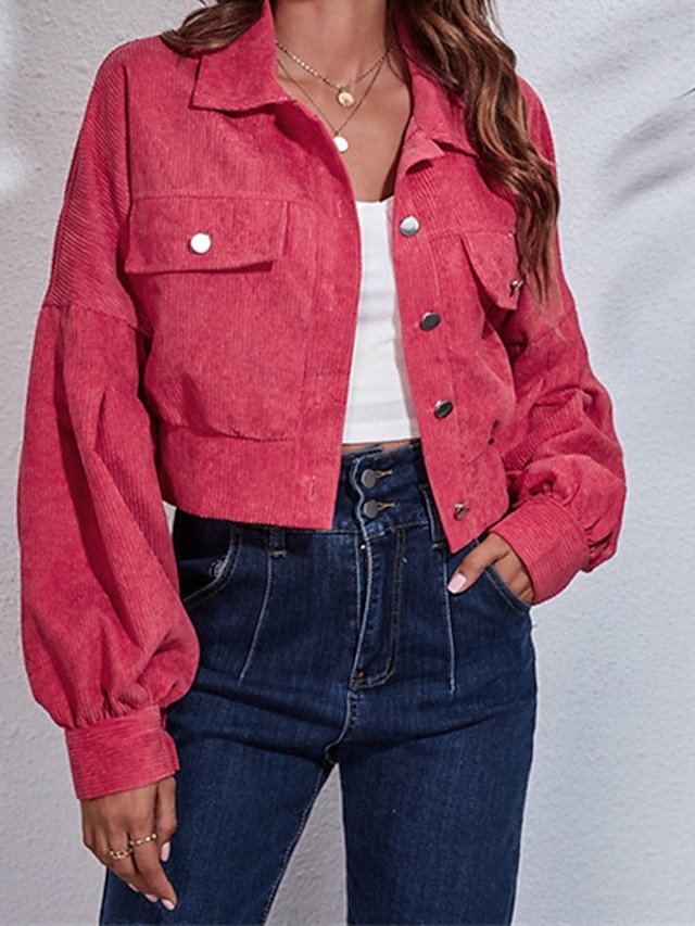 Femmes Veste Décontractée Chaud Confortable Avec Poches Velours Côtelé Mode Extérieur Uni Sortir Week-end Court Col Rabattu Coupe régulière manche longue Vêtements d'extérieur Gris foncé Automne Hiver