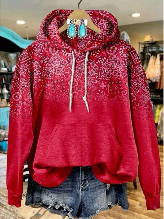  Femmes Sweat à capuche Graphique ancien Mode Western manche longue À capuche Hauts Réguliers Rue Tenue Quotidienne Fête Imprimé Poche Avant Blanche Jaune Gris foncé Rouge Marron Automne Hiver