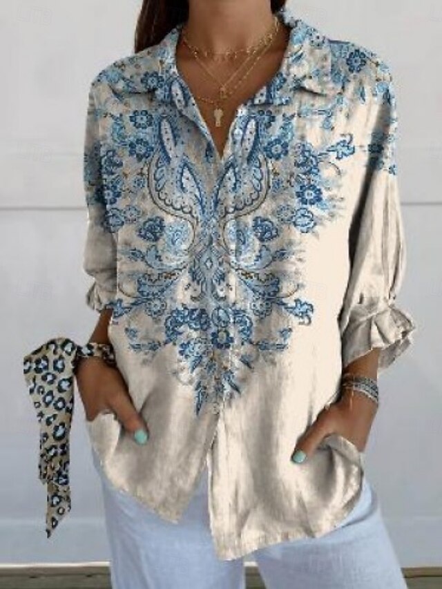 Women's Blouse Floral Retro Vintage Ethnic Long Sleeve Shirt Collar Regular Tops Daily Holiday Buttons Print Blue Khaki Summer4