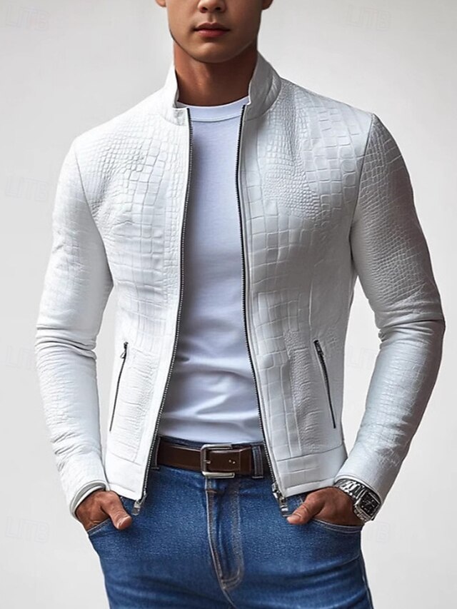 Men's Lightweight Jacket Casual Jacket Vacation Daily Wearproof Pocket Spring Fall Plain Fashion Classic Stand Collar Regular White Jacket4