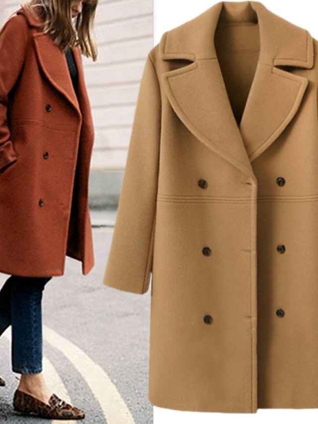  Damen Parka Warm Bequem Knöpfe Tasche Mode Einfach Täglich Ausgehen Doppelreihig Lang Umlegekragen Normale Passform Langarm Oberbekleidung Schwarz Wein Khaki Herbst Winter