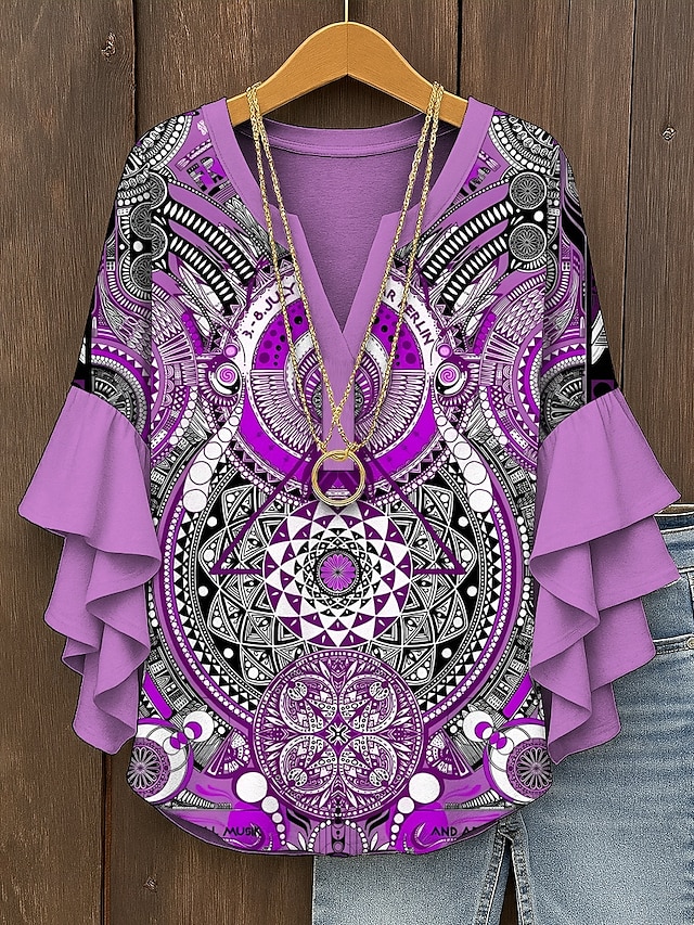  Dámské Halenka Grafika Geometrický Elegantní Čechy Geleneksel 3/4 délka rukávu Do V Běžné topy Denní Dovolená Oblečení na dovolenou Volány Tisk Žlutá Světlá růžová Vodní modrá Fialová Trávová zelená