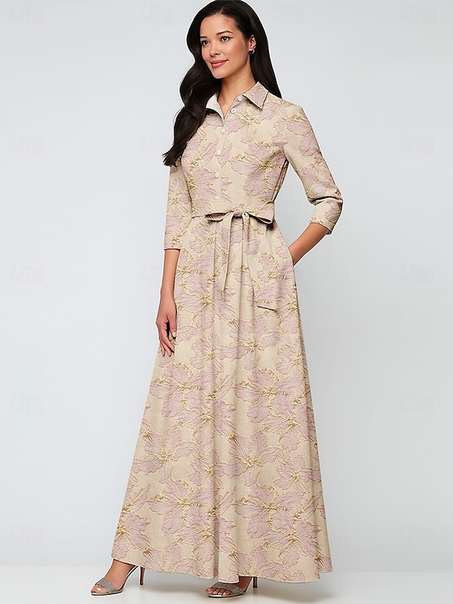  Robe du soir A-Linie en jacquard en brocart élégante robe formelle mariage longueur de sol à manches longues col chemise en nylon avec nœud(s) et poche