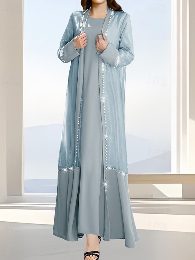  Zweiteilig A-Linie Brautmutterkleid Formell Elegant Einfach luxuriös U-Boot-Ausschnitt Bodenlang Satin Organza Langarm mit Kristalle 2025