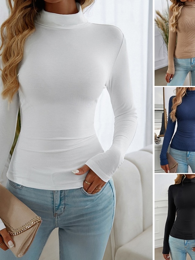  Dámské Halenka Pevná barva Moderní Dlouhý rukáv Rolák Běžné topy Denní Dovolená Jdeme ven Černá Bílá Námořnická modř Khaki Podzim