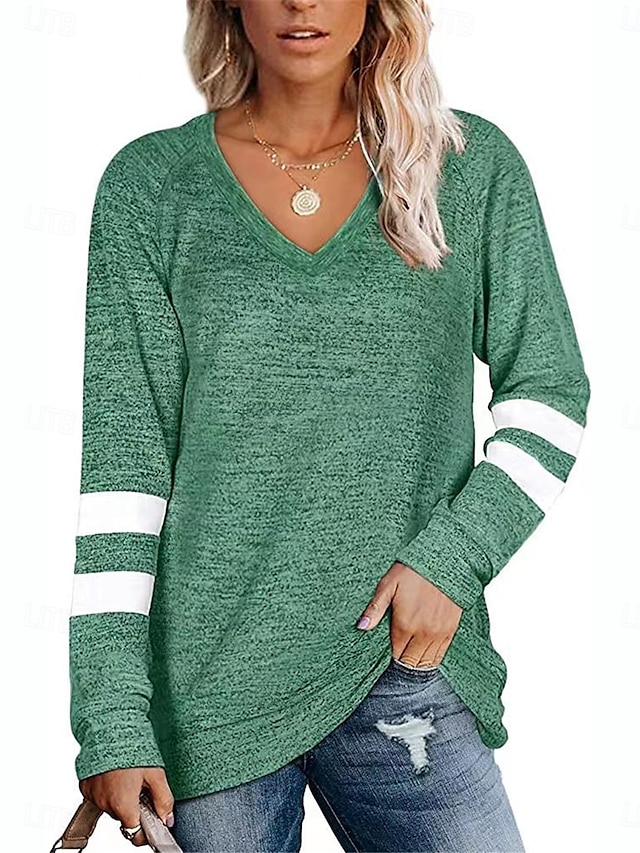  Dam T-shirt Randig Mode Stylish Modern Långärmad V-hals Vanliga toppar Dagligen Helgen Mönster Svart Blå Grön Kaki Sommar