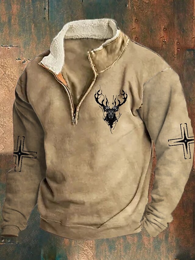 Men's Sweatshirt Quarter Zip Sweatshirt Black Brown Brown 2 Half Zip Color Block Reindeer Half Zip Print Sports & Outdoor Daily Holiday Polyester Vintage Streetwear Casual Fall & Winter Clothing4