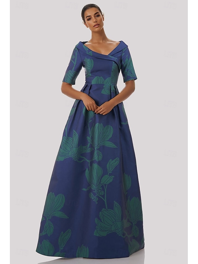  A-Linie Abendkleid Elegant Kleid Formell Hochzeit Bodenlang Halbarm Hemdkragen Tasche Satin mit Blumenmuster 2025