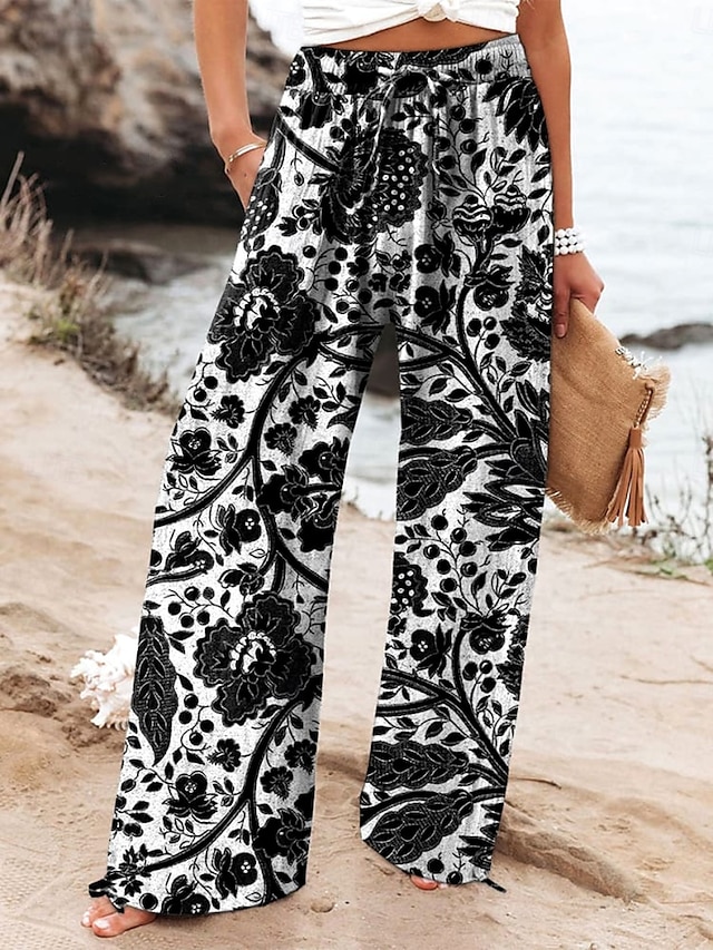  Femmes Culottes Jambe Large Jambe large Chinos Vacances ancien Mode Longueur complète Taille haute Graphique Feuille Motif Ceinture Élastique Impression Respirant Doux Micro-Élastique Vacances Rue
