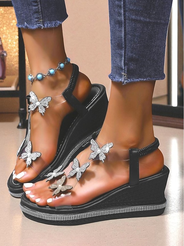 Dámské sandály s motýlím klínkem a zdobené kamínky - třpytivé boty na platformě pro noční život a klubové akce