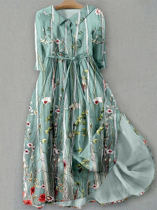  Dames Halflange jurk Hemdjurk Vakantie Casual Boho Dagelijks Feestdagen Teaparty Normale pasvorm Bloemig Grafisch Halve mouw Revers Lichtgeel Groen Donkerblauw Beige Zomer Lente
