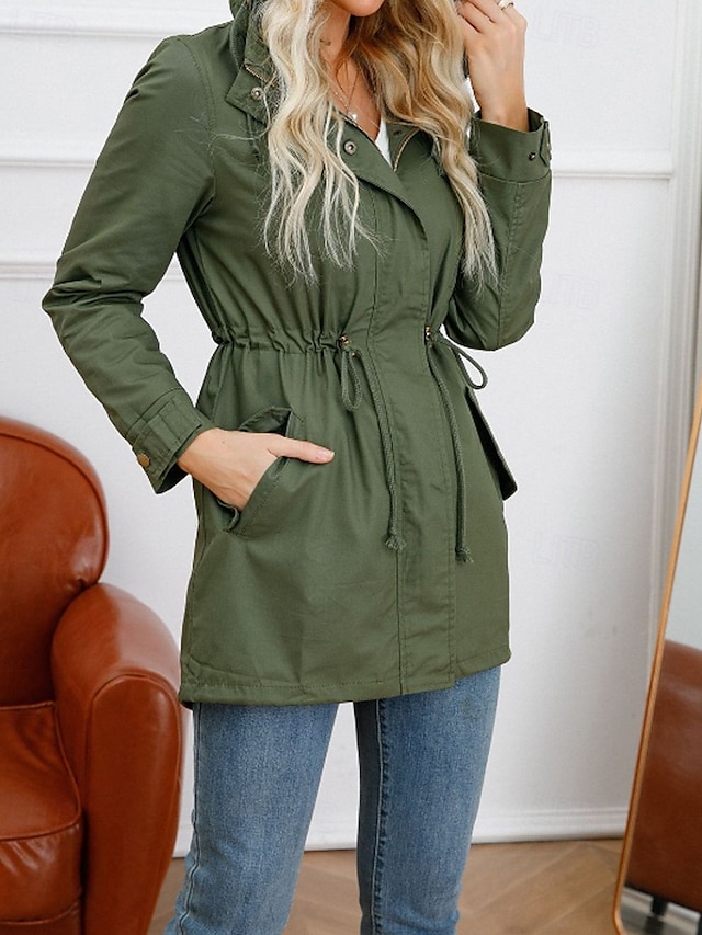  Femmes Trench Chaud Confortable Fermeture éclair Avec Poches Mode Extérieur Uni Sortir Week-end Fermeture éclair Régulier À capuche Coupe régulière manche longue Vêtements d'extérieur Noir Blanche
