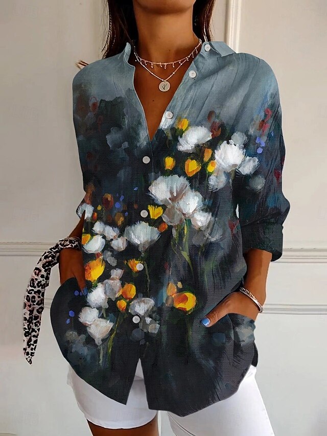 Women's Shirt Floral Animal Active Daily Stylish Long Sleeve Shirt Collar Regular Tops Daily Holiday Buttons Print Black Gray Spring Fall4