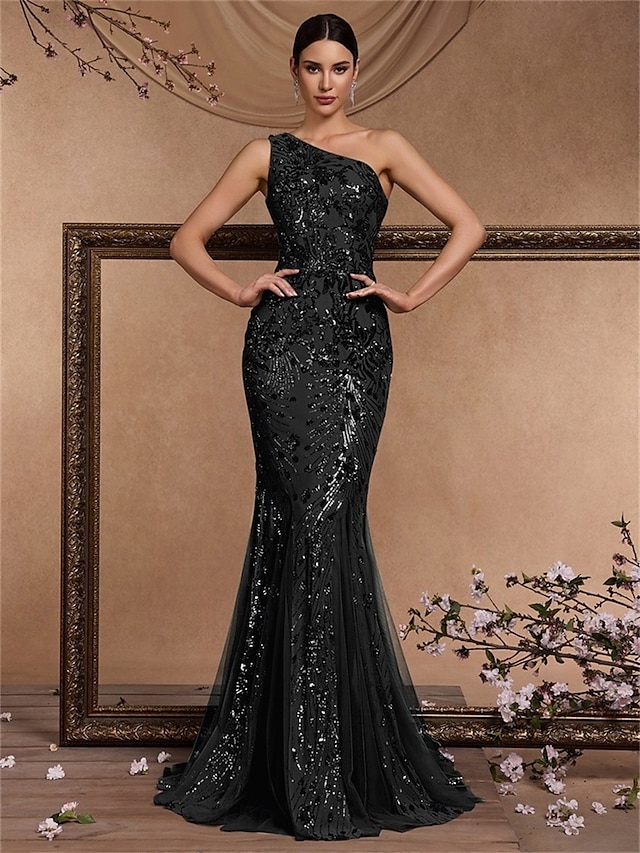  Mermaid / Trumpet Quinceanera Dresses Elegant Dress Formal Wedding Floor Length Sleeveless One Shoulder Polyester with Sequin 2025