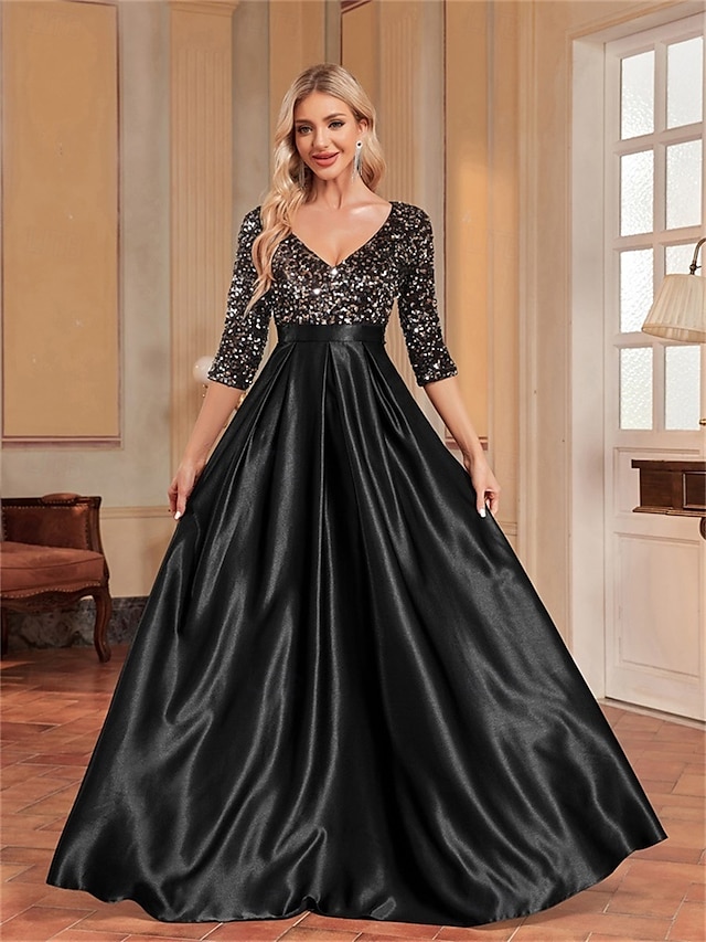  A-Line Quinceanera Kjoler Elegant Kjole Formell Bryllup Gulv Lengde Lang Erme V Utringning Polyester med Paljetter