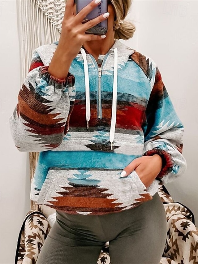  Dame Pullover hettegenser-genser Stamme Gatemote Fritid Behagelig Langermet Med hette Vanlige topper Gate Ferie Ut på byen Trykt mønster Quarter Zip Blå Høst