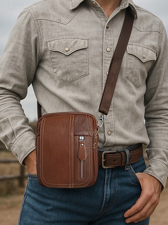  Men's genuine leather messenger bag with zipper pocket, Retro style, Can be inserted into the belt to use as a waist bag, Suitable for outdoor travel, Hiking, Camping or western cowboy wear