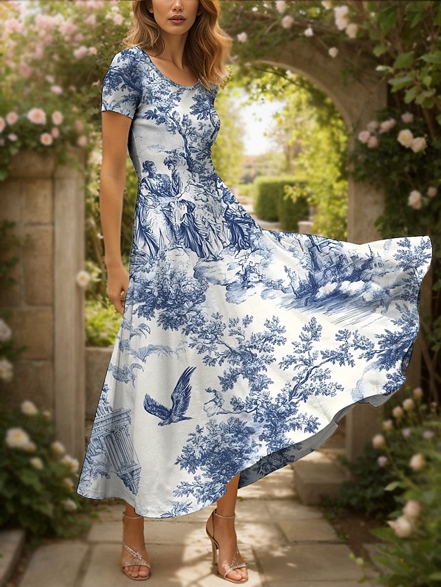  Damen Maxikleid Freizeitkleid A Linie Kleid Sommerkleid Elegant Urlaub Lässig Normale Passform Grafik Blatt Vogel Kurzarm Quadrathals Rundausschnitt Schwarz und Weiß Gelb Rote Blau Sommer Herbst