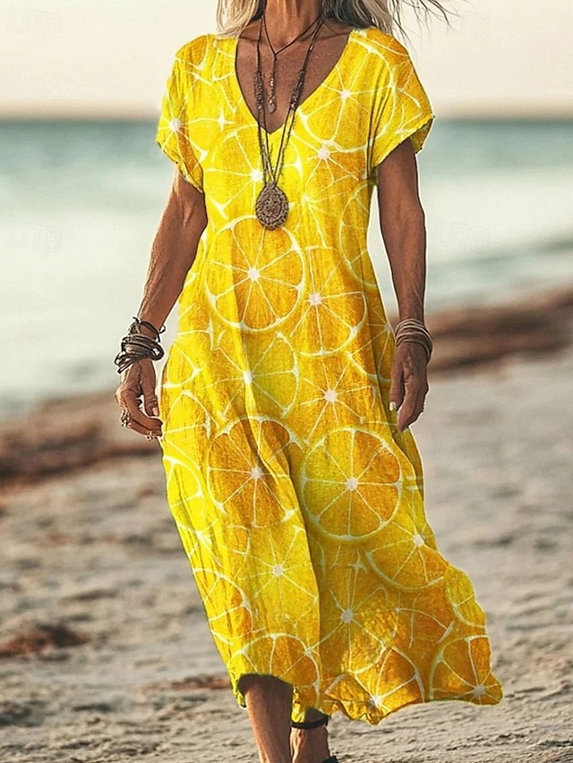  Femmes Robe Longue Maxi Robe Robe Décontractée Robe d'été Mode Extérieur Soirée Fête Coupe régulière Fleur Manche Courte Col en V Jaune Bleu Violet Marron Été